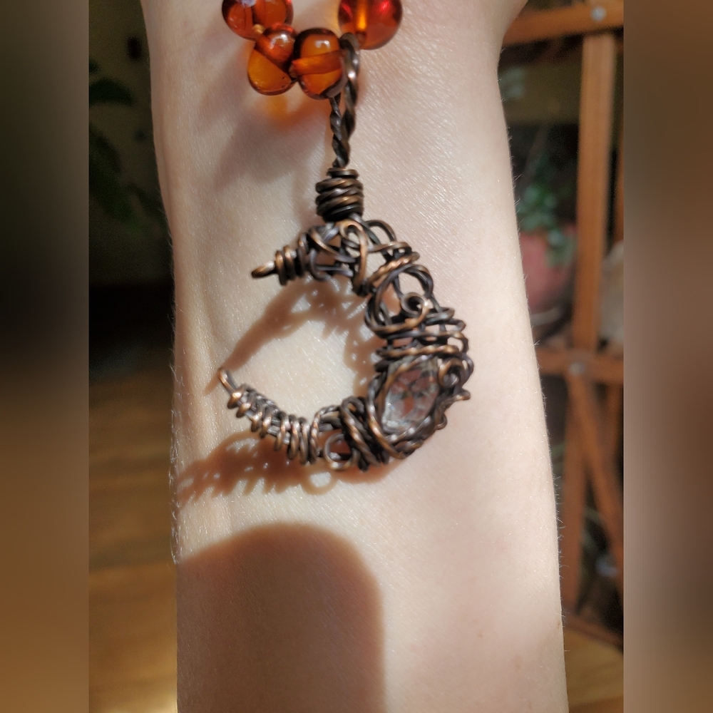Handcrafted Wire Wrapped Crescent Moon and Herkimer diamond Pendant